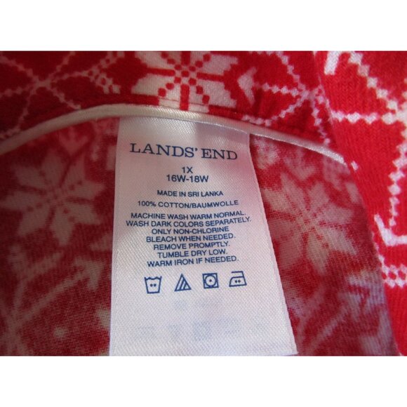 Lands End Red White Snowflake Flannel Button Up Nightshirt GUC Ladies 1X Long - Picture 4 of 16